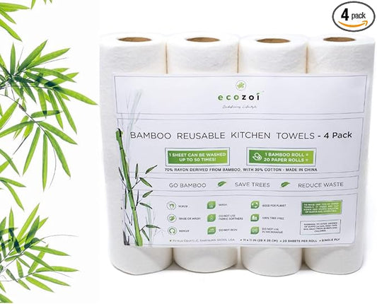 ecozoi Reusable Bamboo Paper Towels - 4 Pack | Rayon derived from Bamboo |Equivalent to 80 Regular Rolls | Sustainable Eco Friendly Kitchen Paper Rolls | 50 Times More Usage Than Regular Paper Rolls