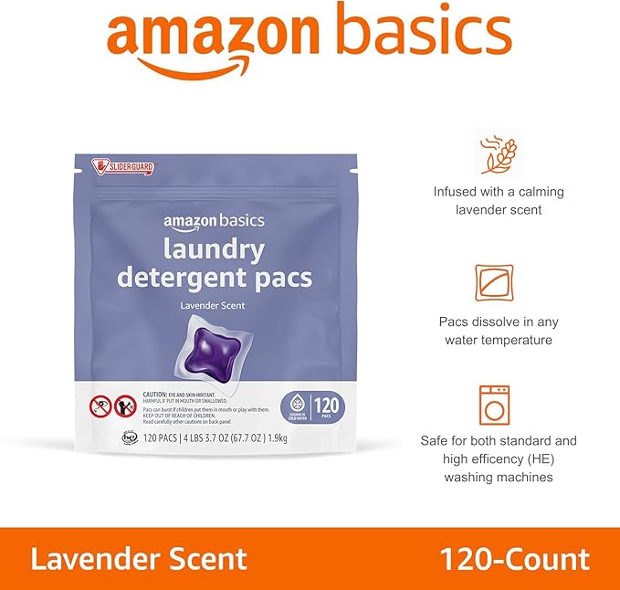 Amazon Basics Laundry Detergent Pacs, Lavender Scent, HE Compatible, 120 Count