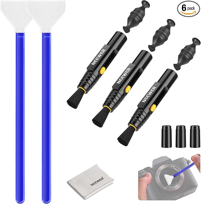 NEEWER 6 in 1 Camera Lens Cleaning Kit for Electronics, Phones, Tablets, 3X Double Head Lens Brush Pen + 2X 24mm Full Frame Sensor Swab + 1x Cleaning Cloth, HM-48