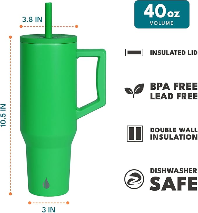 Elemental 40 oz Tumbler with Handle and Straw - Spill Proof Insulated Stainless Steel Commuter for Cold Beverages - Travel Coffee Mug with 2 Straws & Spill Proof Lid - 40oz - Green