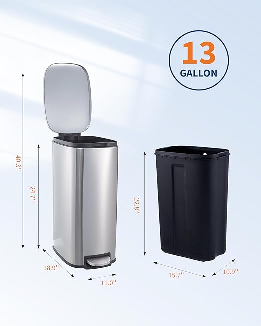 GarveeHome 13 Gal Slim Trash Can, Step Garbage Can with Soft-Close Lid, Stainless Steel Recycling Bin Waste Container with Removable Inner Bucket for Kitchen, Bathroom, Office, Silver