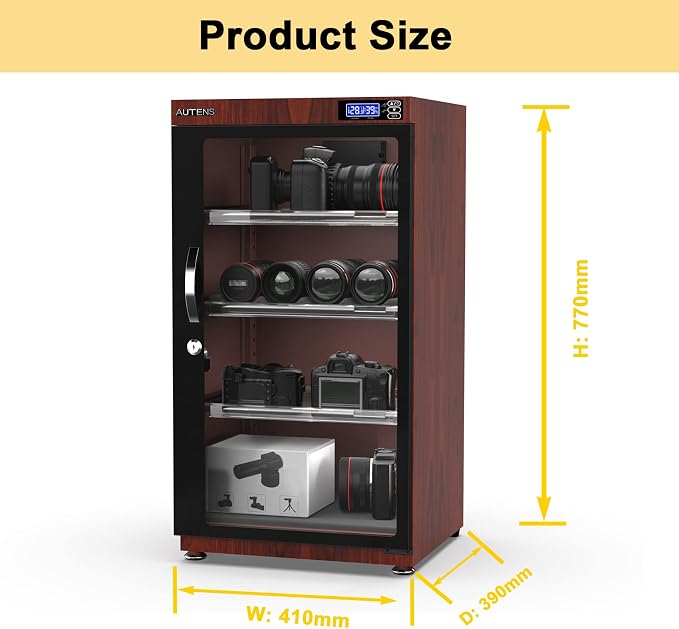 105L Dehumidifying Dry Cabinet Box, Wood grain Design Digital Control Noiseless and Energy Saving,4 layer for Camera Lens and Electronic Equipment Storage,Temperature Humidity LED Dual Screen