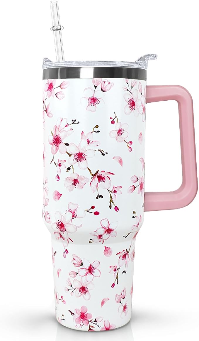 Ceovfoi 40oz Cherry Blossoms Insulated Stainless Steel Travel Tumbler with Handle, Lid and Straw, Pink Cherry Blossoms Floral Design, Perfect for Women, Adults, Home, Travel, Nursing