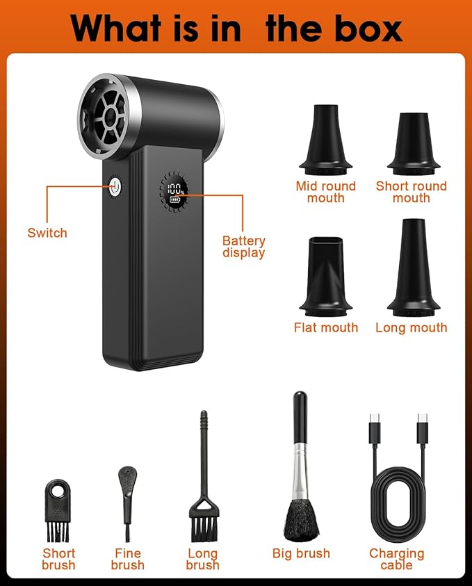 Superpower Electric Air Duster-180000RPM Brushless Cordless Air Duster, 8000mAH, 45W Fast Charge, 4-Speeds. Durable Mini Dust Blower for Computer, Keyboard, Outdoor, House and Car Cleaning