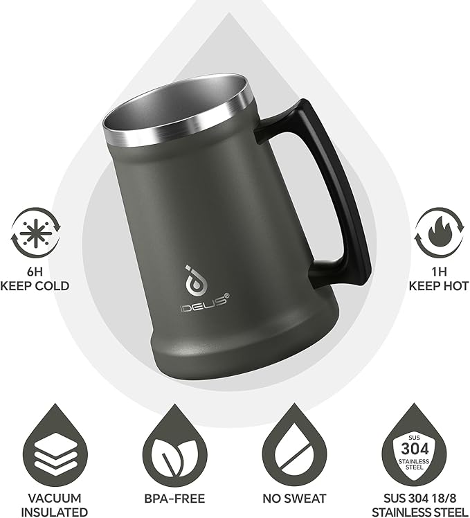 Ideus Insulated Beer Stein, 24/32oz Stainless Steel Double Walled Beer Mug Giant Bar Drinkware Metal Beer Cup with Big Grip Handle (Grey, 34 ounces (1,000ml))