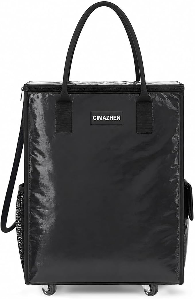 (Small,Black) Reusable Grocery Bag on 4 Wheels, 60L Foldable Rolling Tote Bag with 3 Handles and Zipper, Rolling Shopping Cart for Groceries, Storage, Laundry, Travel, Organizer, 66lb