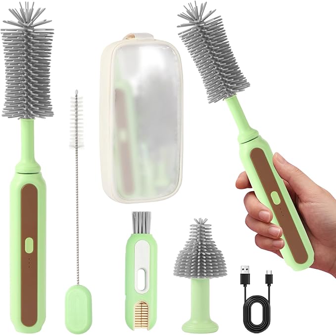 Electric Baby Bottle Brush Cleaner, 5-in-1 Travel Kit with Storage Bag, Food-Grade Silicone, Long Battery Life, Portable Baby Bottle Cleaner Brush Set, Ideal Gift for Parents & Babies (Green)