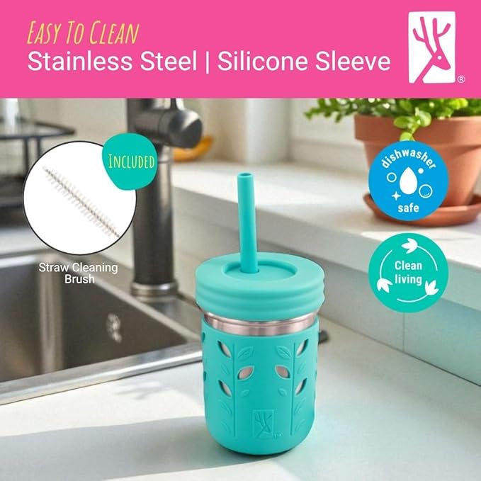 Elk and Friends 10oz Stainless Steel Kids + Toddler Drinking Cups | The Original Mason Jar with Sleeves + Lids | Silicone Straws | Smoothies | Storage Jar | Spill Resistant | Dishwasher Safe | 2 Pack
