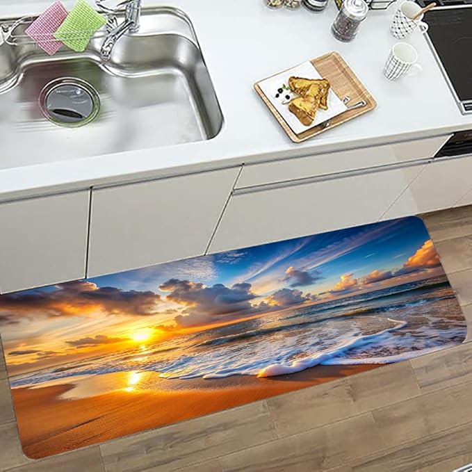 WODEJIA Non Slip Bath Rugs Sponge Foam for Bathroom,Flannel Mat Rug for Living Room, Absorbent Water Clearance MatS for Forlaundry Room and Kitchen, Sunset Beach Decor Welcome Mat 47x18 Inches