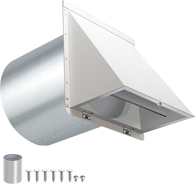 10 Inch Hooded Wall Vent with Screen and Damper,Galvanized Steel Exterior Wall Exhaust Vent Cover Cap for Kitchen Range Hood Duct Ventilation Outside Air Exhaust Applications,White