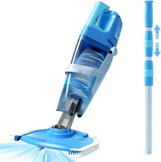 Cordless Pool Vacuum, 1950 GPH Powerful Suction, Handheld Pool Cleaner with Telescopic Pole, 60 Min Runtime, 2L Large Capacity, Rechargeable for Above Ground & Inground Pools, Spas & Hot Tubs