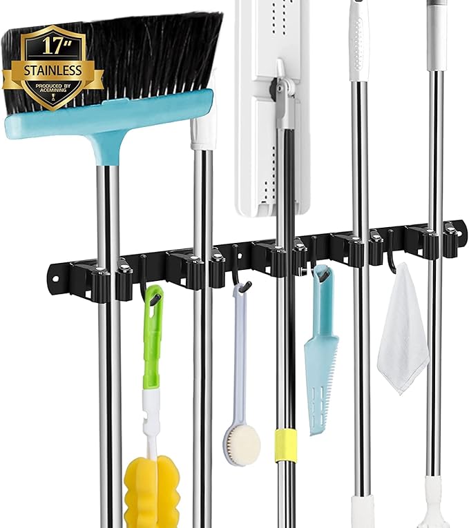 3 Racks and 4 Hooks & Black 5 Racks and 4 Hooks Broom and Mop Holder Wall Mounted Garage Organizer Storage Tool Racks Stainless Steel Heavy Duty Hooks Self Adhesive Solid Non-slip Wall Hangers