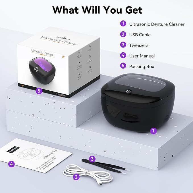 Ultrasonic Retainer Cleaner, 45kHz Dental Cleaning Pod for Dentures, Aligners, Night Guards & Jewelry, 150ML Denture Cleaner 2 Timed Modes & Travel Design