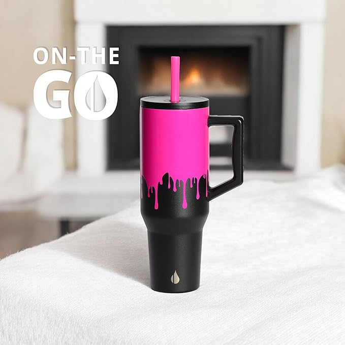 Elemental 40 oz Tumbler with Handle and Straw - Spill Proof Insulated Stainless Steel Commuter for Cold Beverages - Travel Coffee Mug with 2 Straws & Spill Proof Lid - 40oz - Hot Pink Drip