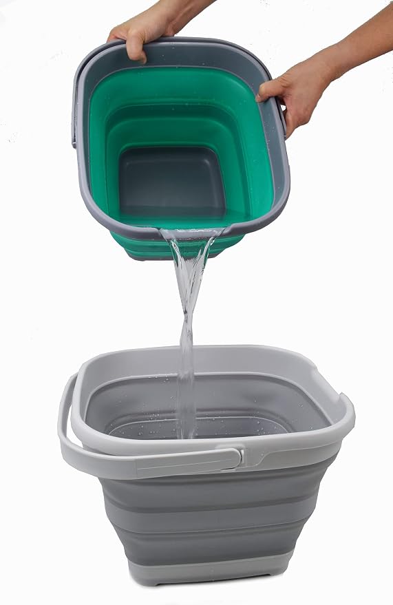 SAMMART 10L (2.6 Gallon) Collapsible Rectangular Handy Basket/Bucket (Grey + Bluish-Green, 2)
