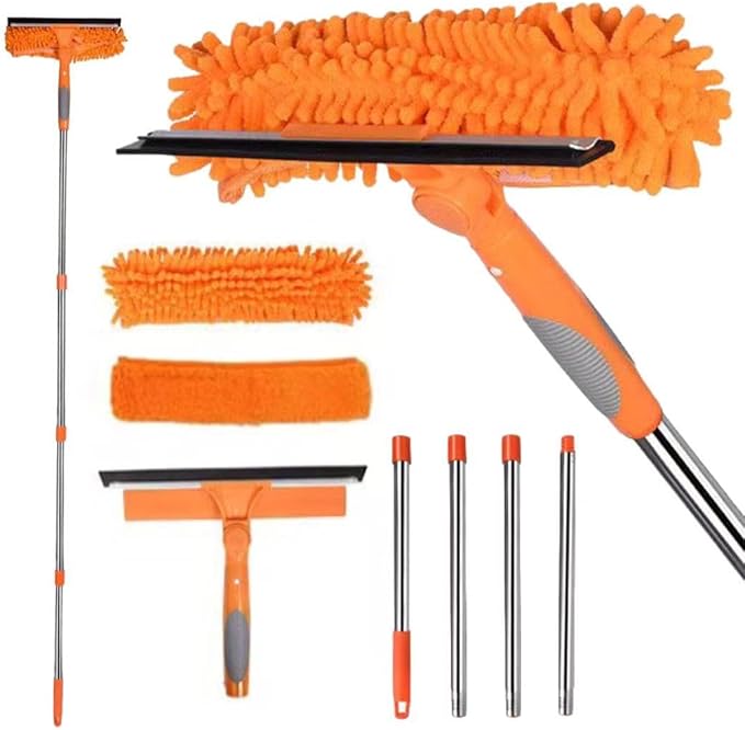 Window Squeegee Cleaner Kit - 2-in-1 Rotatable Window Cleaning Tool with Extension Pole, Professional Streak-Free Squeegee with Bendable Head for Indoor/Outdoor Windows & Car Glass (Orange, 38.45FT)