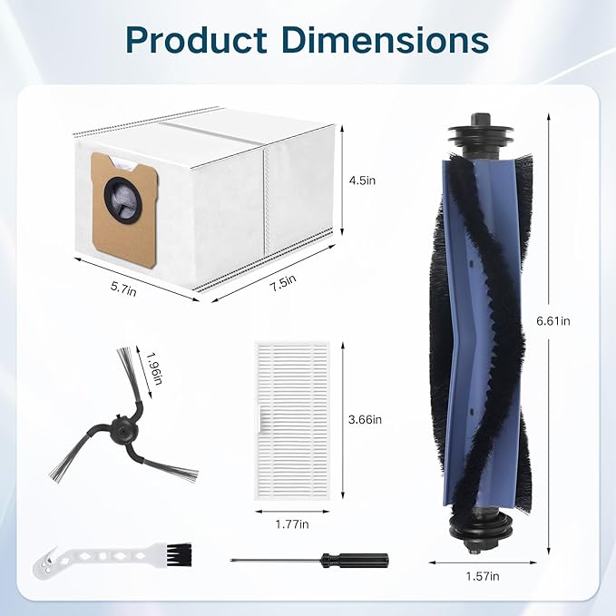Replacement Parts for Eufy C10 Robot Vacuum Cleaner Accessories, 2 Roller Brush, 4 HEPA Filters, 6 Side Brushes, 6 Dust Bags, 1 Clean Tool, 1 Screwdriver