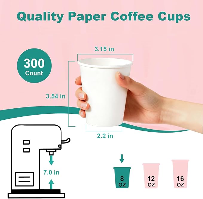 8 oz 300 Pack Disposable Coffee Cups, Bulk White Disposable Paper Cups, Coffee Cups for Hot Tea, Chocolate and Cold Drinks