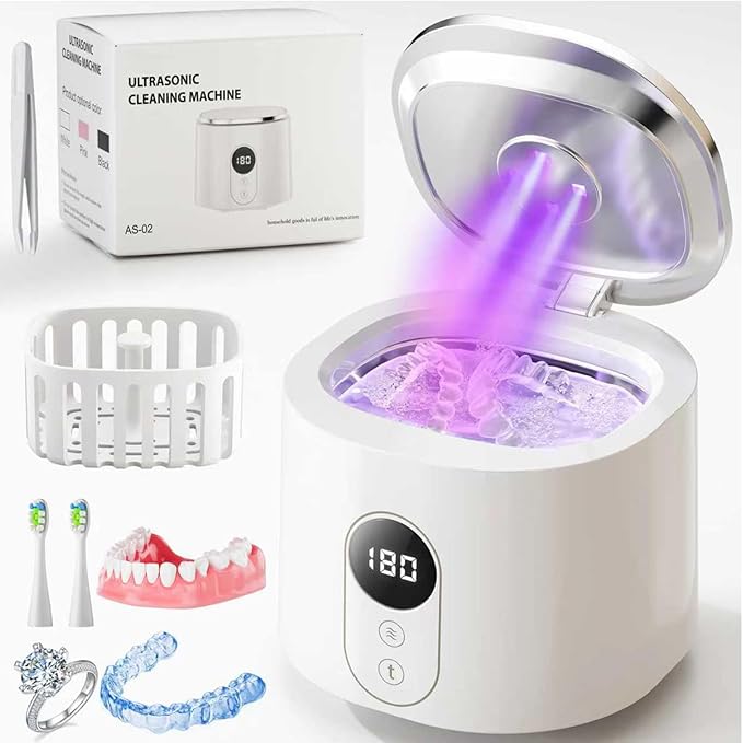 Ultrasonic Retainer Cleaner, 48kHz Dental Cleaning Pod with Digital Timer & 200ML Capacity for Dentures, Aligners, Night Guards,Mouth Guards, Braces, Toothbrush Heads &Jewelry (White)