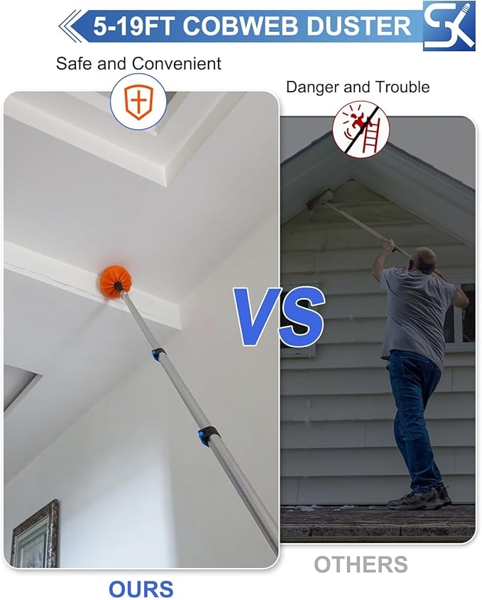 26FT Reach Cobweb Duster, Outdoor Spider Web Cleaner Brush with 5-20FT Telescoping Extension Pole, Aluminium Heavy Duty, Medium Stiff Bristles Spider Web Brush for Outdoor & Indoor Cleaning