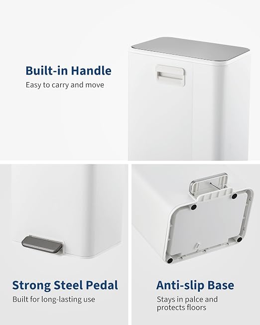 GarveeHome 4 Gallon Trash Can, Rectangular Stainless Steel Waste Bin with Quiet Foot Pedal, Soft-Close Lid & Removable Bucket, Space-Saving Design Garbage Can for Bedroom, Living Room, White