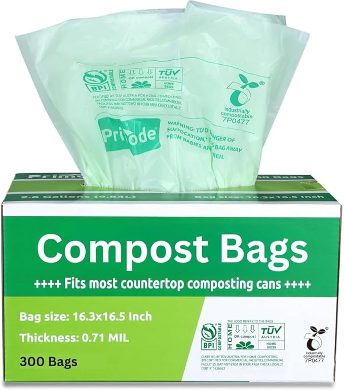 Compost Bags, Compostable Trash Bags 3 Gallon Compostable Bags 300 Count Small Compost Bags for Countertop bin Extra Thick 0.71 Mil. ASTM D6400 Certified By BPI and TÜV AUSTRIA (3 Gallon, 300 Units)