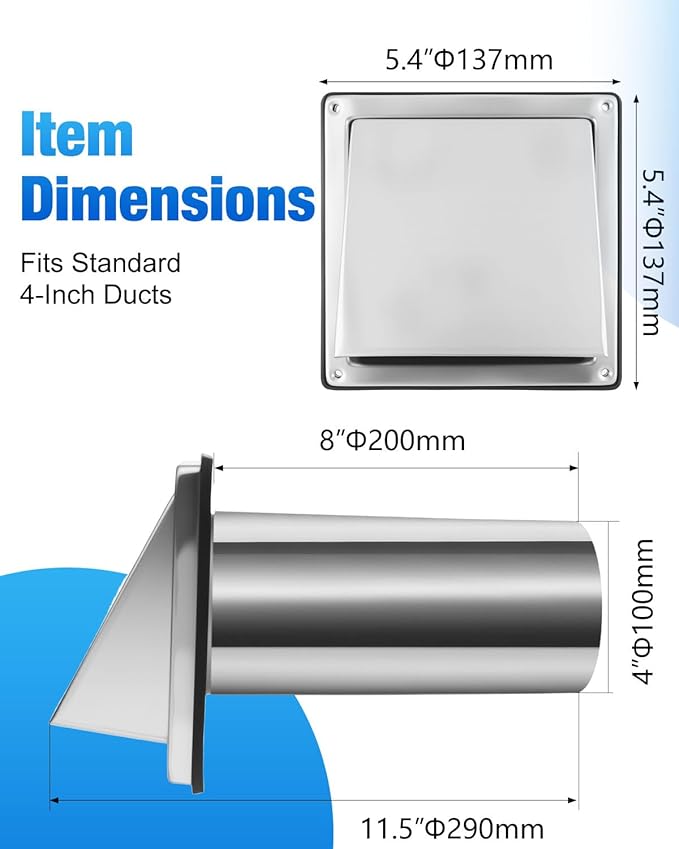 4" Dryer Vent Cover Outside with Stainless Steel Guard Metal Dryer Exhaust Vent Cap and Detachable Extended Pipe Vent Hood, Non-Return Flap with Sealing Gasket Grille, Easy Install
