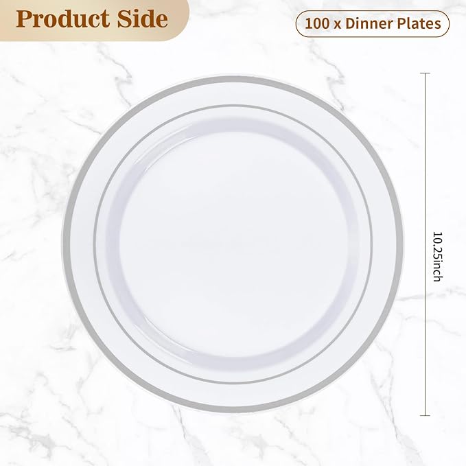 BESTVIP 200PCS Silver Plastic Plates, 10.25 Inch Disposable Dinner Plate Party with Silver Rim for Christmas, Thanksgiving, Heavy Duty Disposable Plastic Plates for Party, Wedding and Birthday, Events