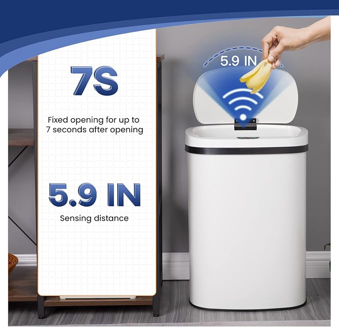 Furniture of America Verbena 13 Gallon Metal Household Trash Can with Motion Sensor Lid for Kitchen, White