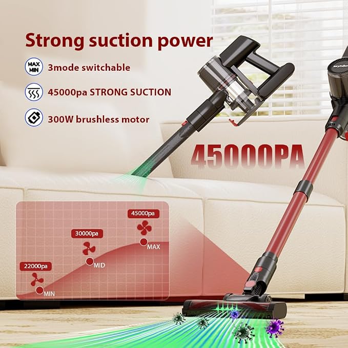 Cordless Vacuum Cleaner, Home Lightweight Cleaner with LED Display, 3 Modes 6 in 1 Stick Vacuum House Rechargeable of 45Min Detachable Battery Self-Standing Cleaner Floor Carpet Pet Hair