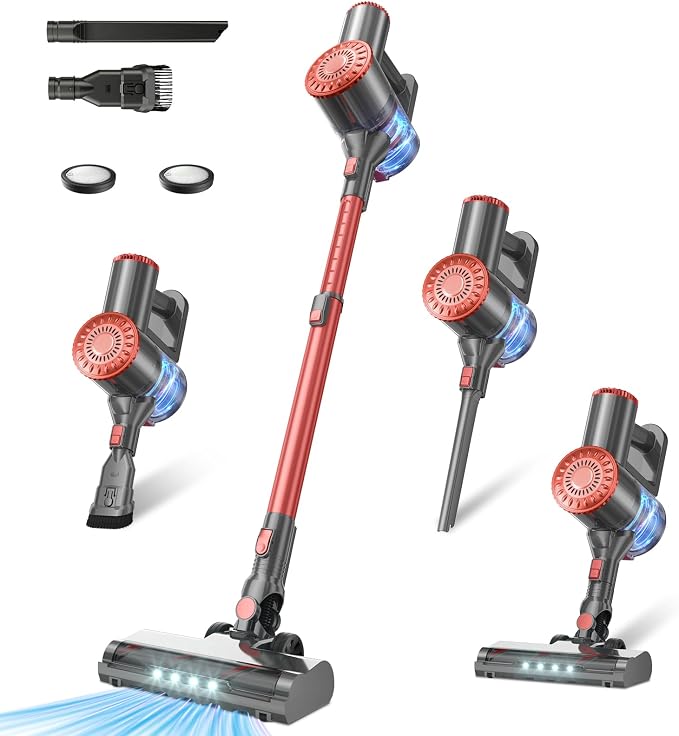 Tipdiy Cordless Vacuum Cleaner with Self-Standing, [Optimized Noise Reduction] 40KPA 8-in-1 Lightweight Rechargeable Stick Vacuum, 7-Layer Filtration,Ideal for Carpet, Pet Hair, Hardwood Floors