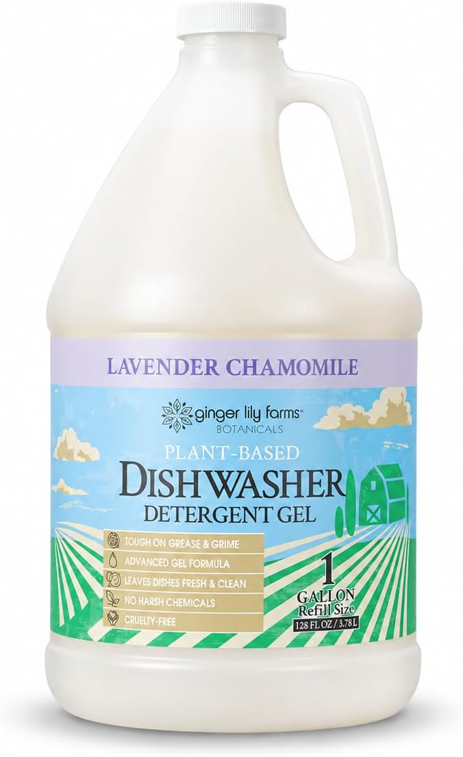Ginger Lily Farms Plant-Based Dishwasher Detergent Gel, Lavender Chamomile Scent, 1 Gallon (128 Fl Oz) Refill, Eco-Friendly, 100% Vegan & Cruelty-Free