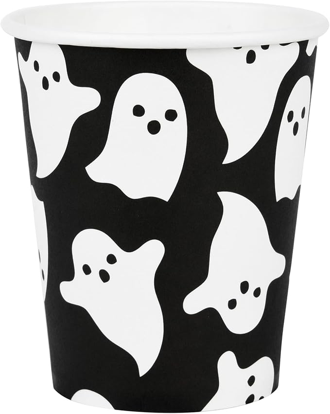 AimFun 100Pcs Halloween Ghost Paper Cups Ghost Spooky Party Cups Black White Boo 9oz Disposable Cold Hot Coffee Drinking Cups for Halloween Party Supplies Table Decor