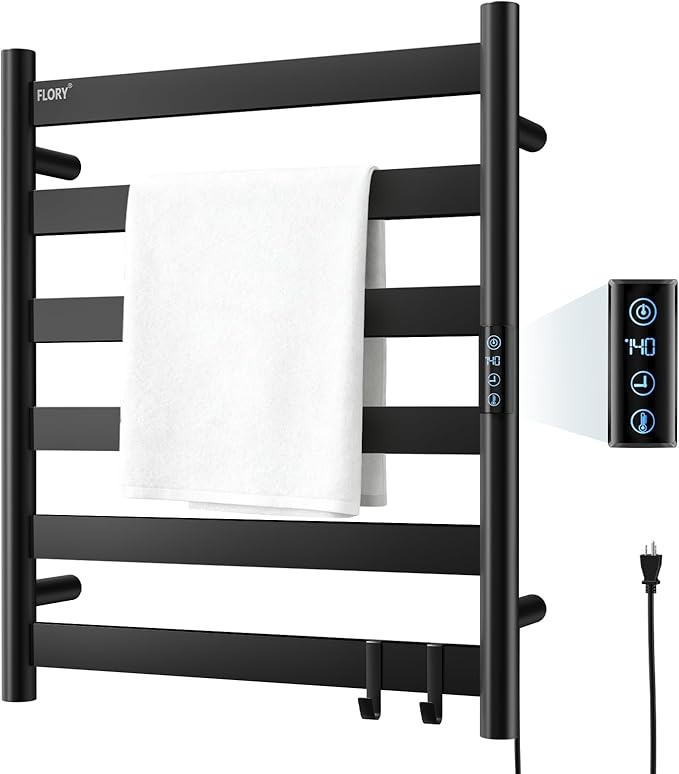 R FLORY Heated Towel Rack for Bathroom, 6 Bar Wall Mounted Towel Warmer Rack Flat with Timer & Temperature, Electric Towel Heater with LED Display Screen, Plug-in,Matte Black