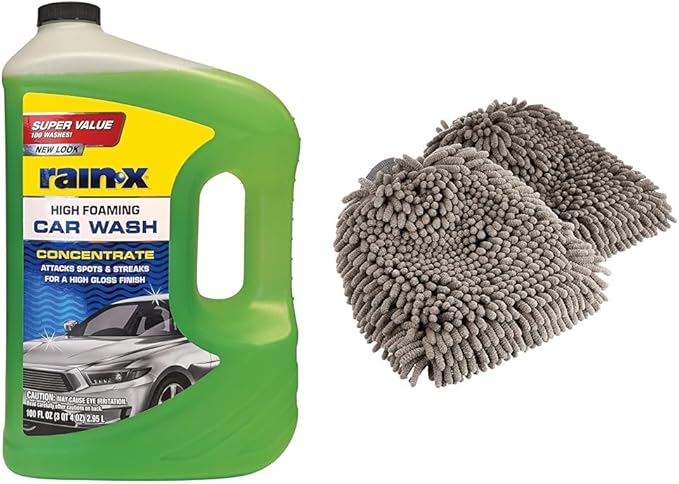 Rain-X 620191 Foaming Car Wash 100 fl oz with Amazon Basics Microfiber Car Wash Drying Mitts, 2 Pack (10.44" x 9.06")