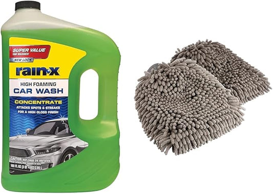 Rain-X 620191 Foaming Car Wash 100 fl oz with Amazon Basics Microfiber Car Wash Drying Mitts, 2 Pack (10.44" x 9.06")