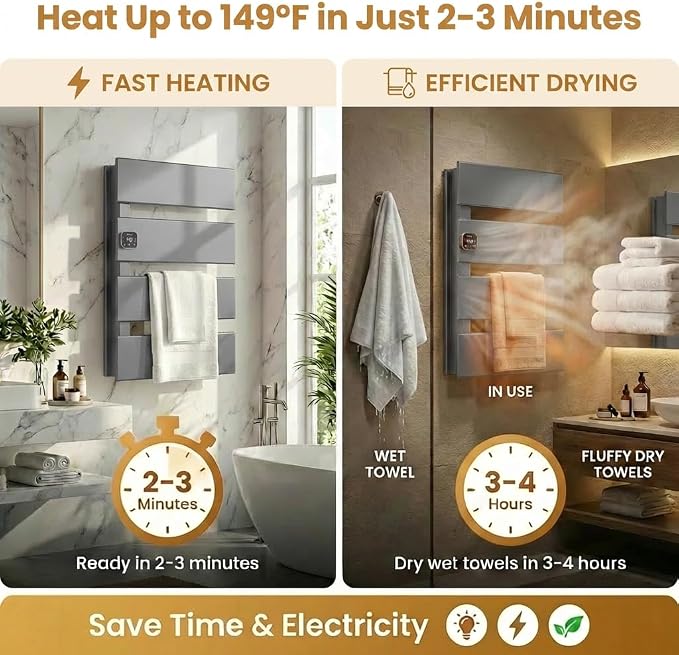 L Series Electric Towel Warmer for Bathroom, 4 Panel, Gun Gray | Thermo Control and Timer, Fast Heat in 3 Mins, Dry Towels in 4 hrs, Memory Function, Work with Smart Plug, Left-Wiring