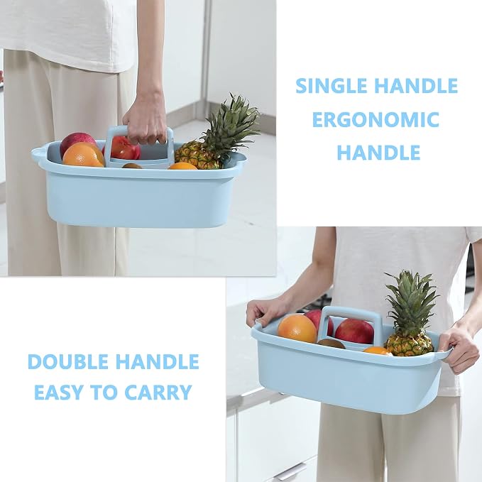 JiatuA Large Cleaning Supplies Organizer with Handle Portable Shower Caddy Basket Plastic Bucket Tool Storage for Bathroom, Bedroom, Kitchen, College Dorm, Under Sink, Garden, Blue & Light Grey