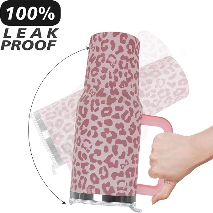 Ceovfoi 40oz Pink Leopard Print Insulated Tumbler with Handle, Travel Coffee Mug with Lid Straw, Trendy Y2K Animal Print Decor & Fashion Gift