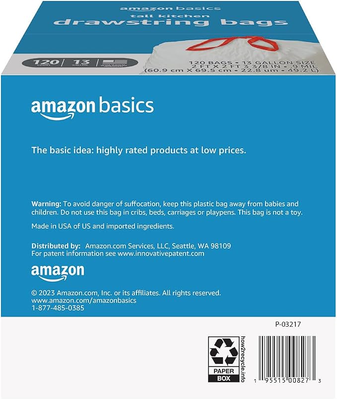 Amazon Basics Tall Kitchen Drawstring Trash Bags, Sturdy and Tear Resistant, 13 Gallon, Unscented, 120 Count