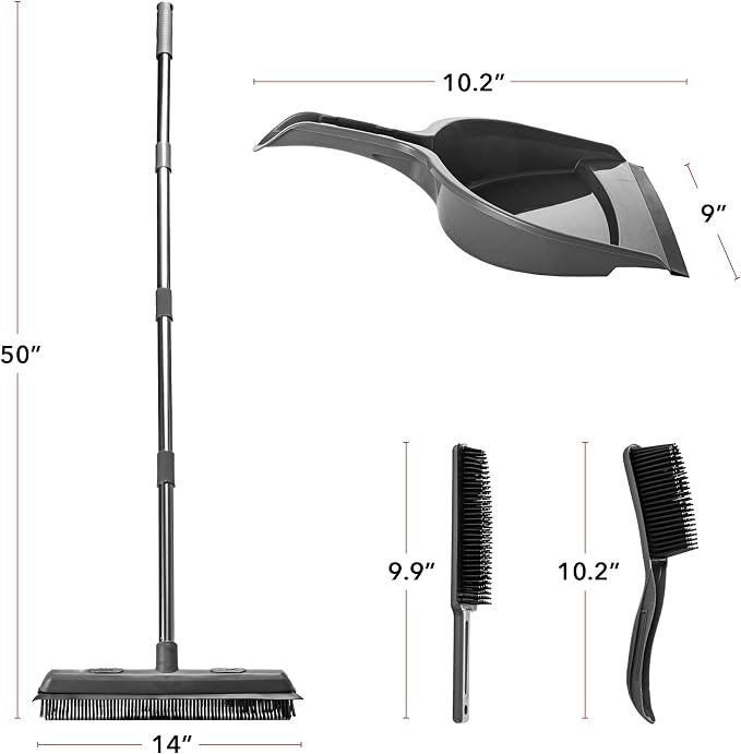 OVENTE Carpet Rake Rubber Broom for Pet Hair Removal with Squeegee, Detailing Lint Fur Remover Brush, Dustpan and 50” Handle, Cleaning Tools Set for Rug, Hardwood Floor, Tile and Window, Grey CT2504GY