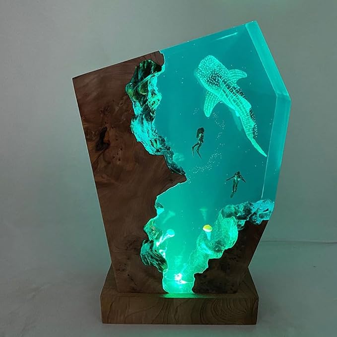 Whale Shark Ocean Resin Lamp, Handmade Wooden Table Resin Night Light, USB Port Art Ornaments for Home Office Decor, Scuba Diver Gifts for Birthday Holiday, Valentine's Day Gifts for Husband