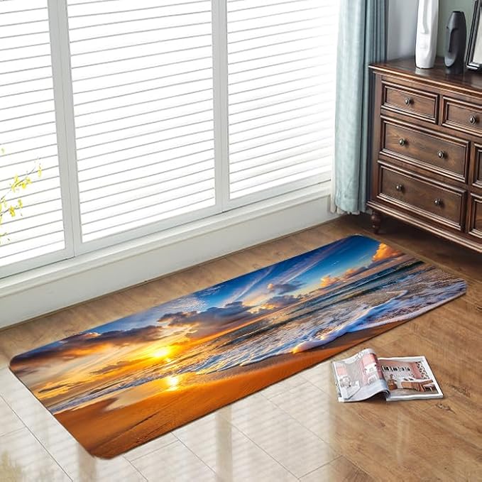 WODEJIA Non Slip Bath Rugs Sponge Foam for Bathroom,Flannel Mat Rug for Living Room, Absorbent Water Clearance MatS for Forlaundry Room and Kitchen, Sunset Beach Decor Welcome Mat 47x18 Inches