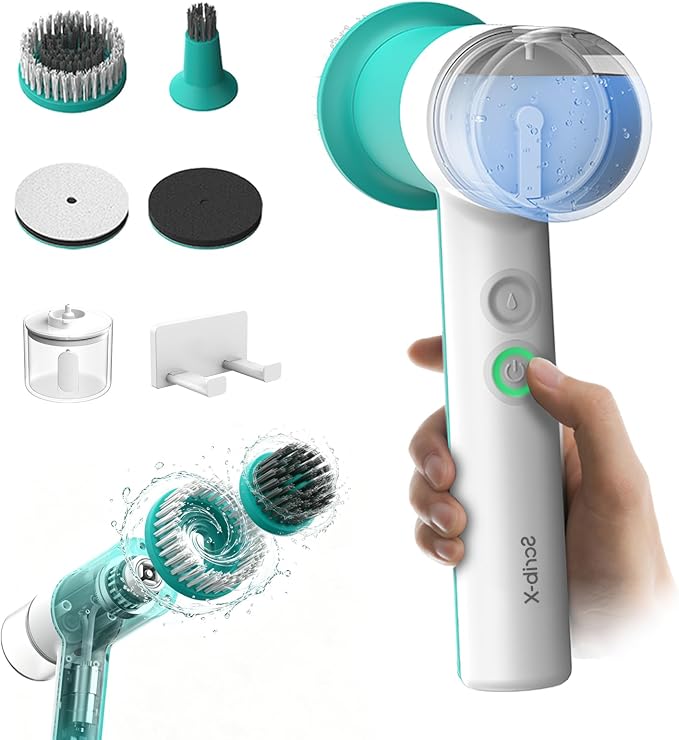 Dual-Rotation Electric Spin Scrubber, Cordless Shower Scrubber - IPX5 Waterproof Multi-Surface Cleaning Brush for Bathroom, Kitchen, Tile, Glass & More - Includes 4 Brush Heads
