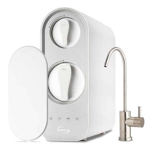 iSpring RO600BN Tankless Reverse Osmosis System Under Sink, 600 GPD Fast Flow RO System, 2.5:1 Pure to Drain Ratio RO Water Filter System, Brushed Nickel Faucet, White