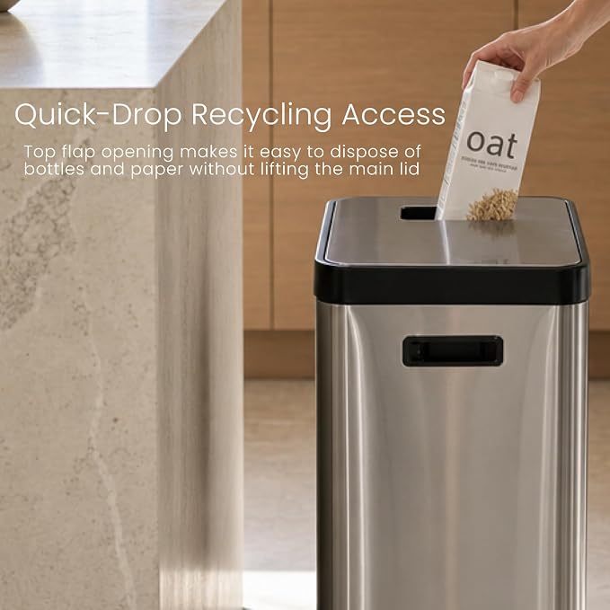 Home Zone Living 19 Gallon Kitchen Trash Can with Dual Compartments | Stainless Steel with CleanAura Odor Control, Soft-Close Step Pedal Lid and Recycling Flap for Quick Disposal, Silver