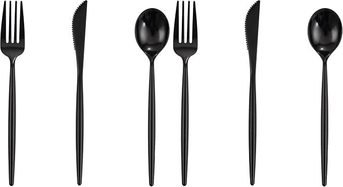 Supernal 180pcs Black Plastic Silverware Heavy Duty Black Party Cutlery Disposable Plastic Forks and Spoons Disposable Utensils Flatware Include 60 Forks,60 Knvies,60 Spoons (Pack of 2)