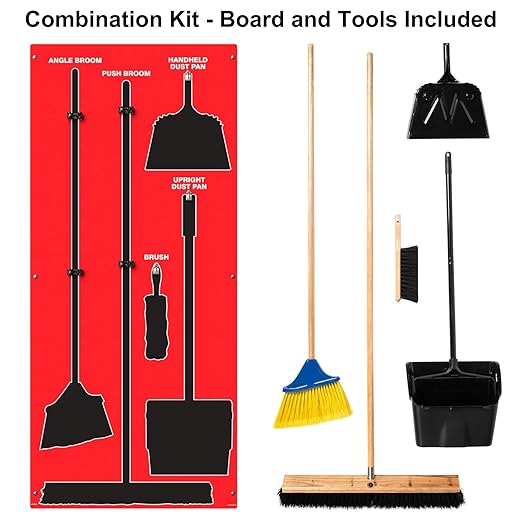 Clean & Sweep 5S Shadow Board/Wall Mount Broom Holder, 68" x 30" Board, 5S Cleaning Station - with Broom and Dustpan Set Included, Made in The USA by AccuformNMC, Red/Black, PSB116RDBK