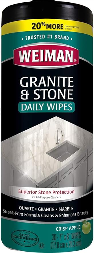 Weiman Granite Cleaner and Polish - 30 Wipes - For Granite Marble Soapstone Quartz Quartzite Slate Limestone Corian Laminate Tile Countertop and More (Pack of 1), Package May Vary
