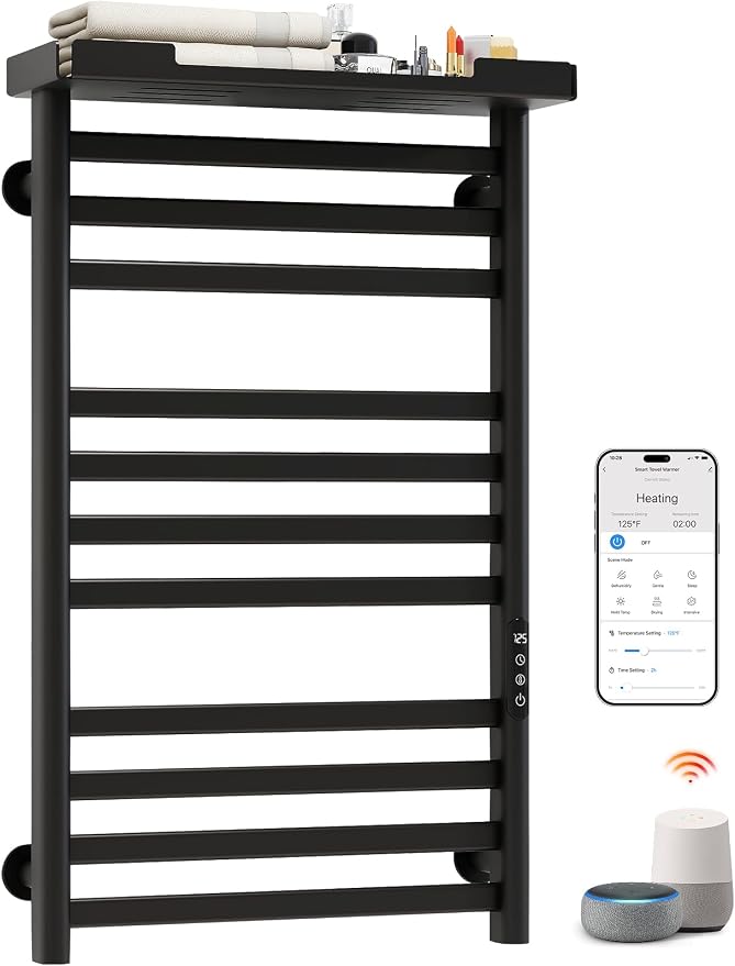 ENZE Smart Heated Towel Rack, 11-Bar Wall-Mounted Electric Towel Warmer with Shelf, Wi-Fi App Control, Adjustable Temperature & 24H Timer, Low Carbon Steel, IPX5, Plug-in/Hardwired, Matte Black